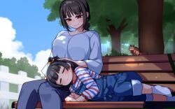  2girls bench black_hair blue_overalls blue_pants blue_shirt blunt_bangs blush breasts commentary_request commission hand_on_another&#039;s_head highres huge_breasts idolmaster idolmaster_million_live! kwaejina lap_pillow mother_and_daughter multiple_girls nakatani_iku nakatani_iku&#039;s_mother on_bench one_side_up outdoors overall_shorts overalls pants park_bench pixiv_commission red_eyes shirt sidelocks sitting smile squirrel striped_clothes striped_shirt tree v-neck 