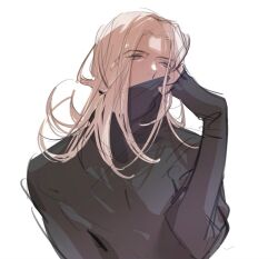  1boy arm_up black_shirt commentary covered_mouth curtained_hair fandangyu grey_eyes hashtag-only_commentary jojo_no_kimyou_na_bouken leone_abbacchio looking_ahead male_focus shirt simple_background sketch sleeves_past_wrists solo turtleneck upper_body vento_aureo white_background white_hair 