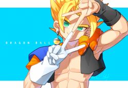  2boys absurdres blonde_hair blue_background border copyright_name dragon_ball dragonball_z earrings gamubanku gloves gogeta green_eyes highres jewelry looking_at_viewer male_focus metamoran_vest multiple_boys muscular muscular_male potara_earrings short_hair single_earring single_glove smile sphere_earrings spiked_hair super_saiyan twitter_username upper_body v vegetto white_border white_gloves 