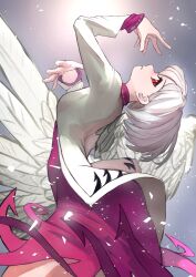  1girl absurdres arched_back cowboy_shot dress feathered_wings from_side grey_hair grey_jacket highres jacket kishin_sagume looking_at_viewer medium_hair mizuki_0630 open_clothes open_jacket purple_dress red_eyes single_wing solo touhou white_wings wings 