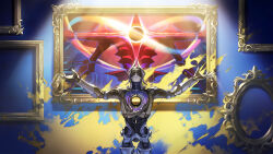  1boy 1other absurdres bad_link blue_background covered_eyes extra_arms game_cg glowing glowing_eye highres hole_in_chest hole_on_body honkai:_star_rail honkai_(series) infinity_symbol irontomb joints looking_up lygus_(honkai:_star_rail) male_focus mechanical_arms official_art one-eyed outstretched_arms paint paint_splatter painting_(object) picture_frame robot robot_joints spotlight 