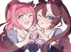  2girls animal_ears blue_eyes blue_shirt blue_vest blush brown_hair hair_between_eyes haru_urara_(umamusume) heart heart_hands heart_hands_duo highres horse_ears horse_girl long_hair moku_(muooku) multiple_girls open_mouth pink_eyes pink_hair ponytail sailor_collar shirt short_sleeves sidelocks tokai_teio_(umamusume) tongue tongue_out umamusume upper_body vest white_sailor_collar 