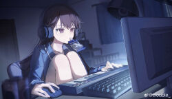  1girl absurdres bang_dream! bang_dream!_it&#039;s_mygo!!!!! black_hair blue_shirt clouble commentary_request computer_keyboard computer_mouse highres indoors instrument jelly_drink keyboard_(instrument) knees_up light_particles long_hair mole mole_under_eye monitor pajamas purple_eyes shiina_taki shirt solo 