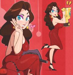  1girl absurdres bare_arms blue_eyes breasts brown_hair dress earrings eyeshadow floating_earrings gold_earrings halter_dress halterneck highres holding holding_trophy jeff_miga jewelry large_breasts long_hair makeup mario_(series) mario_kart mario_kart_world nintendo pauline_(mario) purple_eyeshadow red_dress red_lips smile solo taut_clothes taut_dress trophy 