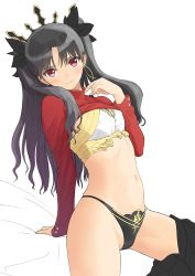 1girl arm_support bare_legs black_hair black_panties black_ribbon black_skirt blush bra breasts crown earrings fate/grand_order fate_(series) female_focus hair_ribbon highres hoop_earrings ishtar_(fate) ishtar_(fate) jewelry legs long_hair long_sleeves looking_at_viewer midriff navel panties red_eyes red_sweater removing_skirt revealing_clothes ribbon skirt small_breasts smile solo sweater tohsaka_rin tony_taka turtleneck two_side_up type-moon underwear undressing upshirt white_background rating:Sensitive score:72 user:danbooru