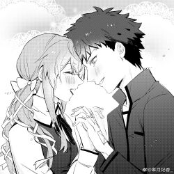  1boy 1girl :3 absurdres blush brown_vest closed_mouth couple cropped_torso emiya_shirou fate/stay_night fate_(series) greyscale hair_ornament hair_ribbon heart highres holding_hands homurabara_academy_school_uniform interlocked_fingers long_hair looking_at_viewer momomiya_shizuku_(gaoyue_jixiang) monochrome neck_ribbon non-web_source oc_x_canon orange_hair original pastels pink_eyes red_hair red_ribbon ribbon school_uniform second-party_source shirt simple_background smile v vest white_background white_shirt 