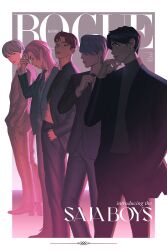  5boys abby_(kpop_demon_hunters) abs baby_(kpop_demon_hunters) black_hair black_jacket black_nails chuwenjie commentary cover earrings english_commentary fake_magazine_cover formal_clothes full_body group_name hand_in_pocket hands_in_pockets highres jacket jewelry jinu_(kpop_demon_hunters) kpop_demon_hunters magazine_cover male_focus medium_hair multiple_boys mystery_(kpop_demon_hunter) profile romance_(kpop_demon_hunters) short_hair suit yellow_eyes 