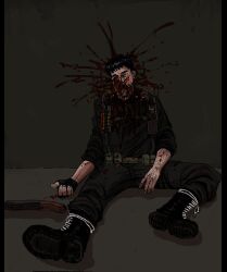  1boy against_wall ammunition_belt between_legs black_boots black_gloves black_hair blood blood_on_arm blood_on_clothes blood_on_face blood_splatter boots broken_skull combat_belt death exploded_head fingerless_gloves full_body gloves gun guro hand_between_legs highres looking_at_viewer multiple_scars nekromaxxing original scar scar_on_arm self-harm_scar short_hair shotgun sitting solo spread_legs suicide weapon wrist_cutting 
