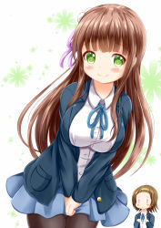  2girls alternate_costume alternate_hairstyle breast_envy breasts brown_hair commentary_request cosplay gochuumon_wa_usagi_desu_ka? green_eyes hairband highres k-on! large_breasts long_sleeves looking_at_viewer multiple_girls pantyhose pleated_skirt satou_satomi school_uniform short_hair skirt tainaka_ritsu ujimatsu_chiya v_arms voice_actor_connection xenon_(for_achieve) 