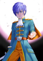  1boy aqua_jacket ascot belt black_background blue_eyes blue_hair cape commentary_request cowboy_shot dragon_quest dragon_quest_x gradient_background highres holding holding_sword holding_weapon jacket kosuga_kumi looking_at_viewer male_focus orange_cape orange_pants pants petals pink_background pink_petals quad_(dq10) reaching reaching_towards_viewer short_hair solo sword weapon white_ascot white_background yellow_trim 