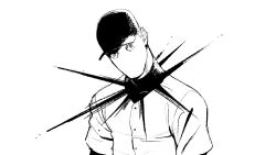  1boy baseball_cap baseball_uniform greyscale hat head_tilt highres looking_ahead male_focus monochrome no_mouth off_(game) short_sleeves simple_background solo spikes sportswear tanblaque the_batter_(off) turtleneck white_background wide-eyed 