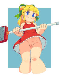  1girl blonde_hair blue_eyes blush broom cleft_of_venus cropped_legs dress female_focus flat_chest hair_ribbon highres loli long_hair mega_man_(classic) mega_man_(series) no_panties no_pants om_(nk2007) ponytail pussy red_dress ribbon roll_(mega_man) smile solo uncensored upskirt  rating:Explicit score:325 user:Vito-Seeder