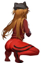  1girl aiming artist_collaboration ass bodysuit breasts brown_hair curvy goddess_of_victory:_nikke hat highres holding holding_weapon huge_ass interface_headset_(evangelion) jacket long_hair mecha_pilot_suit neon_genesis_evangelion official_art plugsuit_(evangelion) rebuild_of_evangelion red_bodysuit red_jacket ryona serious shiny_clothes simple_background skin_tight souryuu_asuka_langley squatting third-party_edit transparent_background two_side_up very_long_hair weapon wide_hips 