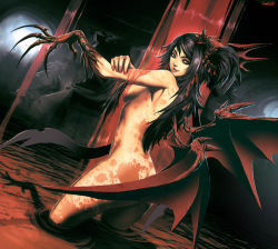 1girl bat_wings black_hair blood breasts censored claws convenient_censoring demon_girl elizabeth_bathory female_focus genzoman hair_censor long_hair monster_girl nude original red_eyes solo vampire wings rating:Questionable score:61 user:danbooru