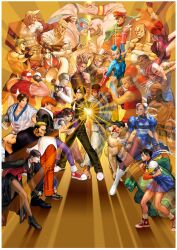  6+boys 6+girls absurdres artist_collaboration balrog_(street_fighter) bengus blanka blue_sailor_collar blue_skirt border braid cammy_white capcom capcom_vs_snk chun-li confrontation crossover cummerbund dai-chan dhalsim dougi e._honda edaki_shin&#039;ya everyone fatal_fury game_cg geese_howard gloves guile harumaru headband high_heels highres hiroaki_(kof) ikeno_daigo kasugano_sakura ken_masters kim_kaphwan king_(snk) kita_senri kusanagi_kyou long_hair loose_socks m._bison mera_jin mori_toshiaki multiple_boys multiple_girls muscular nikaidou_benimaru nishimura_kinu non-web_source official_art pantyhose parted_bangs pelvic_curtain poster_(medium) purple_gloves raiden_(snk) red_gloves red_headband rugal_bernstein ryou_sakazaki ryuuko_no_ken sagat sailor_collar sash school_uniform senno_aki serafuku shiranui_mai shoes short_hair skirt sneakers snk socks spandex street_fighter sunburst terry_bogard the_king_of_fighters vega_(street_fighter) vice_(kof) white_border white_headband yagami_iori yamazaki_ryuuji yasuda_akira yellow_collar yellow_sash yuri_sakazaki zangief 