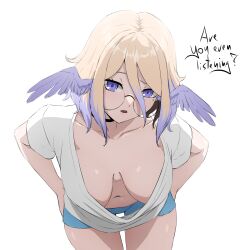  1girl absurdres blonde_hair borrowed_character breasts daydarion downblouse english_text extended_downblouse glasses hands_on_own_hips hanging_breasts head_wings highres large_breasts leaning_forward looking_at_viewer loose_clothes loose_shirt mole mole_under_eye multicolored_hair navel no_bra parted_lips purple_eyes purple_hair round_eyewear shirt short_hair shorts simple_background solo white_background wings yori_(yorobisan)  rating:Questionable score:17 user:Qwertyuiop999