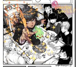 6+boys artist_name black_hair blonde_hair bottle character_request clock monochrome_background commentary ekubo_(mob_psycho_100) food fruit gakuran hanazawa_teruki highres kageyama_ritsu milk_bottle mob_psycho_100 multiple_boys orange_(fruit) orange_peel pigeon666 psychic rabbit_ears_antenna reigen_arataka salt_middle_school_uniform school_uniform short_hair television through_medium through_screen yoshioka_mamoru