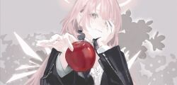  1girl apple arknights black_jacket choker closed_mouth detached_wings energy_wings food fruit halo hand_on_own_face highres jacket lemuen_(arknights) long_hair long_sleeves looking_at_viewer pink_hair shirt solo white_shirt wings xiao_chichi 