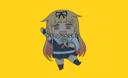  1girl :3 black_ribbon black_serafuku black_shirt black_skirt blonde_hair chibi commentary_request dyson_(edaokunnsaikouya) hair_flaps hair_ribbon highres kantai_collection looking_at_viewer neckerchief open_mouth parody red_eyes red_neckerchief ribbon sailor_collar sailor_shirt scarf school_uniform serafuku shirt simple_background skirt solo spoon standing tetoris_(synthesizer_v) translation_request white_sailor_collar white_scarf yellow_background yuudachi_(kancolle) yuudachi_kai_ni_(kancolle) 