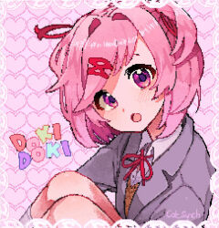  1girl artist_name blazer blush bob_cut catsynch doki_doki_literature_club doki_doki_literature_club_school_uniform hair_intakes hair_ornament hair_ribbon hairclip head_tilt heart heart_background jacket knees knees_together_feet_apart knees_up looking_at_viewer natsuki_(doki_doki_literature_club) open_mouth pink_background pink_eyes pink_hair red_ribbon ribbon school_uniform short_hair sitting solo thighhighs title twintails white_thighhighs 