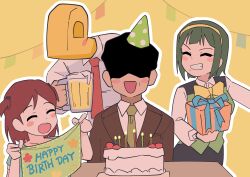  2boys 2girls alcohol aoba_misaki beer birthday_cake bow bowtie box brown_hair brown_jacket cake closed_eyes collared_shirt cup facing_viewer food gift gift_box green_hair green_vest grin hairband happy_birthday hat highres holding holding_cup holding_gift idolmaster idolmaster_(classic) idolmaster_million_live! idolmaster_million_live!_theater_days indoors jacket long_sleeves mole mole_under_mouth multiple_boys multiple_girls necktie ohgi910 open_mouth otonashi_kotori outline p-head_producer party_hat producer_(idolmaster) red_necktie shaded_face shirt short_hair smile standing table takagi_junjirou two_side_up vest white_outline white_shirt yellow_bow yellow_bowtie yellow_hairband 