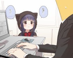 1boy 1girl 1other animal_ears animal_hood black_capelet black_jacket black_neckwear blue_hair blush brown_eyes capelet cat_ears cat_hood closed_mouth desk fake_animal_ears formal_clothes fur-trimmed_hood fur_trim hands_up hood hood_up hooded_capelet idolmaster idolmaster_cinderella_girls indoors jacket computer_keyboard long_hair long_sleeves monitor computer_mouse mousepad_(object) necktie p-head_producer producer_(idolmaster) sajo_yukimi smile suit sweat translation_request yukie_(kusaka_shi) rating:General score:18 user:danbooru