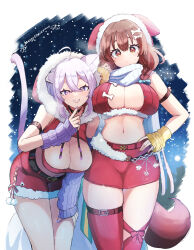  2girls ahoge alternate_costume animal_ear_fluff animal_ears arm_warmers armlet asymmetrical_legwear bare_shoulders belt black_belt bone_hair_ornament bone_ornament border bow bow_legwear bowtie braid breasts brown_belt brown_eyes brown_hair cat_ears cat_girl cat_tail christmas cleavage cleavage_cutout clothing_cutout commentary_request cowboy_shot crossed_bangs dog_ears dog_girl dog_tail dot_nose finger_to_mouth hair_bow hair_ornament hand_on_own_hip hand_on_own_thigh highres hololive hood hooded_sweater hunched_over inugami_korone jewelry kamiya_zuzu large_breasts long_hair long_sidelocks looking_at_viewer medium_hair merry_christmas multiple_girls navel nekomata_okayu night open_mouth outdoors pom_pom_(clothes) purple_arm_warmers purple_bow purple_eyes purple_nails red_bow red_bowtie red_sweater red_thighhighs santa_costume scarf sidelocks skindentation sleeveless sleeveless_sweater smile snowing standing stomach straight-on sweater tail teeth thighhighs twin_braids two_side_up uneven_legwear virtual_youtuber white_border white_scarf yellow_arm_warmers yellow_nails 