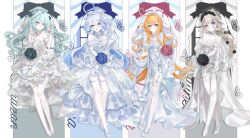  4girls absurdres ahoge alternate_costume animal_ears anninufufu aqua_eyes aqua_hair bare_legs bare_shoulders black_flower blonde_hair blue_eyes blue_flower blue_gemstone blue_hair blue_pupils blush bouquet bow breasts bridal_veil cat_ears character_name cleavage closed_mouth commentary crossed_legs dress drop-shaped_pupils elbow_gloves escoffier_(genshin_impact) facial_mark faruzan_(genshin_impact) fingerless_gloves fingernails flower frilled_thigh_strap full_body furina_(genshin_impact) garter_straps gem genshin_impact gloves grey_gemstone grey_hair hair_between_eyes hair_flower hair_ornament hat heart heart_in_eye heterochromia high_heels highres holding holding_bouquet long_hair looking_at_viewer lynette_(genshin_impact) medium_breasts multicolored_hair multiple_girls open_mouth parted_lips pink_flower pink_rose purple_eyes rose shoes showgirl_skirt simple_background single_bare_shoulder smile standing star_(symbol) star_facial_mark streaked_hair symbol-only_commentary symbol-shaped_pupils symbol_in_eye teardrop-shaped_gem teeth thigh_strap thighhighs twintails upper_teeth_only veil very_long_hair wedding_dress white_bow white_dress white_garter_straps white_gloves white_hair white_hat white_shoes white_thighhighs white_veil 