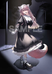  1girl :3 amagiri_rian animal_ears black_dress blue_eyes blush breasts commentary_request dress fangs fox_ears fox_tail frilled_dress frills full_body gloves hair_ornament hand_up highres indie_virtual_youtuber juliet_sleeves large_breasts long_hair long_sleeves looking_at_viewer maid_headdress mayuri_kaichou open_mouth pink_hair puffy_sleeves sample_watermark shirt single_glove socks solo tail teeth virtual_youtuber walking watermark white_gloves white_headdress white_shirt white_socks 