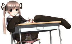  1girl blush brown_eyes brown_hair peeing chair drink feet feet_on_table female_focus highres juice long_hair long_sleeves looking_at_viewer ooji panties pantyhose pantyshot peeing peeing_self public_indecency purposeful_wetting school_uniform shiny_clothes simple_background sitting skirt solo table twintails underwear white_background  rating:Questionable score:87 user:Momo