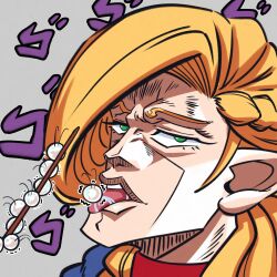  1girl blonde_hair braid bug centipede choker dungeon_meshi eating french_braid furrowed_brow green_eyes grey_background highres holding holding_skewer jojo_no_kimyou_na_bouken licking loen long_hair looking_at_viewer marcille_donato parody pointy_ears portrait rero_rero saliva scene_reference skewer solo style_parody tongue tongue_out trembling 