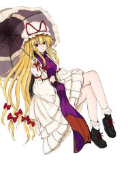  1girl 83mkneinlsqmebq black_boots blonde_hair boots crossed_legs dress frills from_side full_body hair_between_eyes hair_ribbon hat highres holding holding_umbrella legs long_hair long_sleeves looking_at_viewer looking_to_the_side mob_cap purple_eyes purple_tabard ribbon smile socks solo tabard touhou umbrella very_long_hair white_background white_dress white_socks yakumo_yukari 