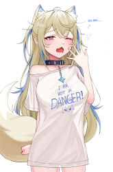  1girl absurdres animal_collar animal_ears black_collar blonde_hair blue_hair breasts clothes_writing collar commentary cowboy_shot crossed_bangs dog_ears dog_girl dog_tail double-parted_bangs drooling english_commentary fang fuwawa_abyssgard hair_between_eyes hand_up highres hololive hololive_english large_breasts long_hair long_shirt looking_at_viewer messy_hair migokami mouth_drool multicolored_hair naked_shirt pink_eyes see-through_silhouette shirt simple_background single_off_shoulder skin_fang solo spiked_collar spikes streaked_hair t-shirt tail two_side_up very_long_hair virtual_youtuber white_background white_shirt yawning 