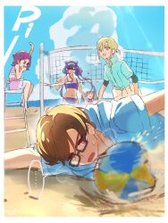  &gt;_&lt; ... 2boys 3girls aisaki_emiru aisaki_masato arm_up ball bare_arms bare_legs bare_shoulders barefoot beach bikini bikini_skirt black-framed_eyewear blonde_hair blowing_whistle blue_eyes blue_sky blunt_bangs border bow bow_skirt brown_hair chair clothes_around_waist cloud collared_shirt cone_hair_bun double_bun frown glasses glowing glowing_eye hair_between_eyes hair_bow hair_bun hair_ornament hair_scrunchie hairclip heavy_breathing highres holding holding_whistle hugtto!_precure jacket jacket_around_waist layered_sleeves looking_at_object low_twintails lying miniskirt multiple_boys multiple_girls navel nervous_smile nono_hana o_o ocean on_chair on_side one-piece_swimsuit open_mouth pink_bikini pink_bow pink_hair pink_one-piece_swimsuit playing_sports ponytail precure purple_bikini purple_hair red_eyes red_scrunchie ruru_amour scrunchie shaded_face shipu_(gassyumaron) shirt short_hair short_ponytail short_sleeves signature sitting skirt sky smile spoken_ellipsis stomach summer sweatdrop swept_bangs swimsuit twintails upper_body volleyball volleyball_(object) volleyball_net wakamiya_henri whistle white_border white_jacket white_shirt x_hair_ornament zipper zipper_pull_tab 