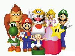  1990s_(style) 1girl 3boys 3d blonde_hair blue_eyes creature crown donkey_kong donkey_kong_(1981_game) donkey_kong_(series) dress elbow_gloves facial_hair gloves long_hair looking_at_viewer luigi mario mario_(series) mario_party multiple_boys mustache nintendo official_art pink_dress princess princess_peach retro_artstyle short_hair simple_background smile star_(symbol) super_mario_bros._1 toad_(mario) wario white_background yoshi  rating:Sensitive score:10 user:makutakraahkan