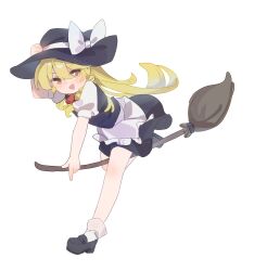  1girl absurdres apron black_shoes black_vest blonde_hair blush bow braid broom broom_riding commentary gumingdi_ban hair_bow hat hat_bow highres kirisame_marisa loafers long_hair looking_at_viewer open_mouth shoes side_braid simple_background single_braid smile socks solo touhou very_long_hair vest waist_apron white_background white_bow white_socks witch_hat yellow_eyes 