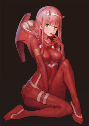 10s 1girl aqua_eyes bad_id bad_pixiv_id between_legs black_background bodysuit breasts darling_in_the_franxx female_focus finger_in_own_mouth hairband hand_between_legs highres long_hair looking_at_viewer masila mecha_pilot_suit medium_breasts parasite_suit_(darling_in_the_franxx) pink_hair red_bodysuit simple_background sitting skin_tight solo wedge_heels white_hairband zero_two_(darling_in_the_franxx) rating:Sensitive score:13 user:danbooru
