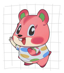  1girl animal_crossing animal_ears animal_nose apple_(animal_crossing) black_eyes blush_stickers buck_teeth chibi chibikemo commentary_request eyelashes furry furry_female grid_background hamster_ears hamster_girl hamster_tail kopa_nishikida looking_at_viewer nintendo open_mouth polka_dot polka_dot_shirt red_fur shirt simple_background solo teeth white_background 