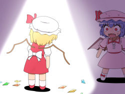  2girls bat_wings blonde_hair chibi crystal fangs female_focus flandre_scarlet hat multiple_girls purple_hair red_eyes remilia_scarlet shirosato standing surprised sweatdrop touhou wide-eyed wings  rating:General score:9 user:Dolljoints