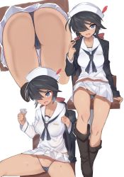 10s 1girl :d ass bad_id bad_pixiv_id black_hair black_panties boots dark_skin eyes_visible_through_hair girls_und_panzer hair_over_one_eye hat hat_feather highleg highleg_panties highres knee_boots looking_at_viewer mtu_virus multiple_views ogin_(girls_und_panzer) ooarai_naval_school_uniform open_mouth panties pleated_skirt sailor_collar school_uniform short_hair simple_background skirt smile smoking_pipe underwear upskirt white_background white_skirt yoi_naosuke rating:Questionable score:70 user:danbooru