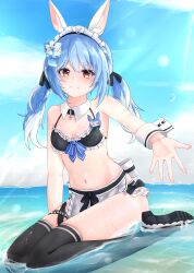 1girl absurdres animal_ears apron bare_shoulders bikini black_bikini black_thighhighs blue_hair blue_sky blush bow bow_bikini breasts commentary detached_collar english_commentary frilled_bikini frills highres hololive looking_at_viewer maid maid_bikini maid_headdress navel outdoors outstretched_arm partially_submerged rabbit_ears rabbit_tail shoe_soles sitting sky small_breasts smile solo st-147 swimsuit tail thick_eyebrows thighhighs twintails unconventional_maid usada_pekora waist_apron wariza yellow_eyes