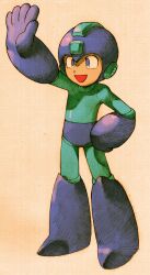  1990s_(style) 1boy android arm_cannon bengus blue_bodysuit blue_eyes blue_helmet bodysuit game_cg hand_on_own_hip helmet highres male_focus marvel_vs._capcom marvel_vs._capcom_2 mega_man_(character) mega_man_(series) non-web_source official_art open_mouth retro_artstyle robot scan simple_background smile solo standing waving weapon 