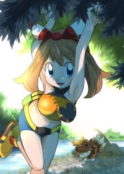  1girl alternate_costume armpits blue_eyes breasts brown_hair creatures_(company) game_freak gen_3_pokemon hainchu haltertop may_(pokemon) nintendo pokemon pokemon_(creature) pokemon_oras ribbon zigzagoon  rating:Sensitive score:19 user:makutakraahkan