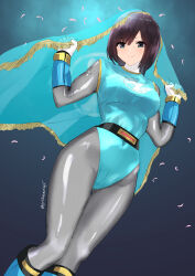  1girl absurdres black_background blue_background blue_boots blush bodysuit boots breasts brown_eyes brown_hair cycloneactionx gloves grey_bodysuit highres holding hurricane_blue knee_boots leotard looking_at_viewer medium_breasts ninja ninpuu_sentai_hurricanger no_headwear nono_nanami short_hair skin_tight smile solo super_sentai tokusatsu 