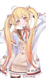  1girl absurdres ahoge blonde_hair blush bow brown_dress brown_sailor_collar buttons closed_mouth dress fortissimo frilled_dress frills hair_ornament highres hololive hololive_dev_is jacket mui_maru musical_note musical_note_hair_ornament neck_ribbon open_clothes open_jacket otonose_kanade otonose_kanade_(1st_costume) plaid_bow plaid_clothes plaid_dress red_eyes red_ribbon ribbon sailor_collar shirt smile solo thigh_strap twintails virtual_youtuber white_background white_jacket white_shirt 