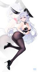  1girl absurdres animal_ears ass bare_arms bare_shoulders black_leotard black_shoes blue_eyes bow bowtie breasts brown_pantyhose cleavage commentary_request commission detached_collar fake_animal_ears fake_tail full_body hair_bow hair_bun hand_up harin_(byeolbich) heart high_heels highleg highleg_leotard highres korean_commentary large_breasts leg_up leotard long_hair looking_at_viewer mole mole_on_breast open_mouth original pantyhose playboy_bunny q_cupid_p3 rabbit_ears rabbit_tail second-party_source shoes simple_background single_side_bun solo strapless strapless_leotard tail thighband_pantyhose very_long_hair white_background white_hair wrist_cuffs zoom_layer 