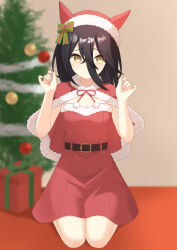  1girl absurdres alternate_costume animal_ears astroglia_cyte black_hair blurry blurry_background box capelet christmas christmas_tree closed_mouth depth_of_field dress frown full_body fur-trimmed_capelet fur_trim gift gift_box hair_between_eyes hat highres horse_ears horse_girl indoors kneeling long_hair looking_at_viewer manhattan_cafe_(umamusume) red_dress red_hat santa_costume santa_dress santa_hat short_dress solo strapless strapless_dress umamusume yellow_eyes 