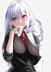  black_sweater breasts collared_shirt covered_mouth hakase_fuyuki hakase_fuyuki_(1st_costume) hand_up highres impossible_clothes large_breasts long_hair looking_at_viewer neck_ribbon nijisanji off_shoulder puyo_(puyotopia) red_eyes ribbon shirt simple_background sweater upper_body virtual_youtuber white_background white_hair white_shirt 