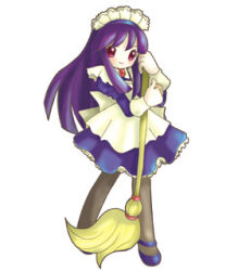  1girl 2000s_(style) alice_(ragnarok_online) apron artist_request bad_id black_pantyhose blue_dress blue_shoes broom closed_mouth dress full_body holding holding_broom juliet_sleeves long_hair long_sleeves looking_at_viewer lowres maid maid_headdress official_art pantyhose puffy_sleeves purple_hair ragnarok_online red_eyes shoes simple_background smile solo standing white_apron white_background 