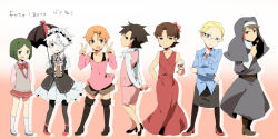 6+boys alcohol alternate_costume bandage_over_eye bandage_over_one_eye bespectacled black_legwear blonde_hair boots brown_hair chibi cross crossdressing crossdressing_(mtf) cup double_v dress drinking_glass emiya_kiritsugu enmaided facial_hair fate/zero fate_(series) glasses goatee gothic_lolita green_hair habit hair_ornament hairclip hat high_heels kayneth_archibald_el-melloi kotomine_kirei lolita_fashion maid maid_headdress male_focus matou_kariya mimoza multiple_boys nun pantyhose pencil_skirt shoes skirt teacher thigh_boots thighhighs tohsaka_tokiomi umbrella uryuu_ryuunosuke v waver_velvet white_hair wine wine_glass rating:Sensitive score:3 user:danbooru